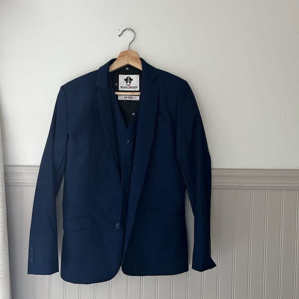 Black Bianco Boys Size 16 Navy Blue 2-Piece Blazer & Vest Suit Set